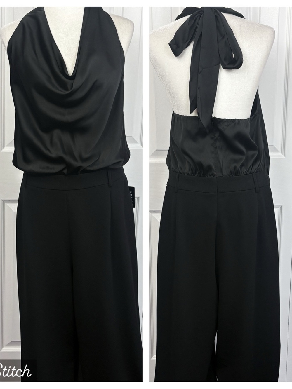 NWT Express Black Satin Sleeveless Halter Cowl Neck Wide Leg Jumpsuit XL